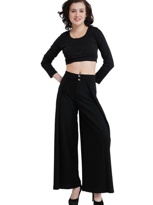 Women's Black Long Pleated Flared Trouser