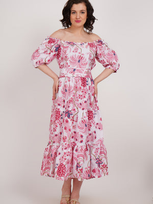 Pink Printed Off-Shoulder Long Dress
