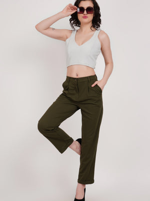 Olive Pleated Straight Fit Trouser