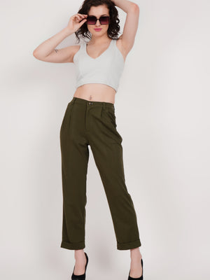Olive Double Pleated Straight Fit Trouser