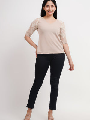 Women's Beige Top with Net Detailing