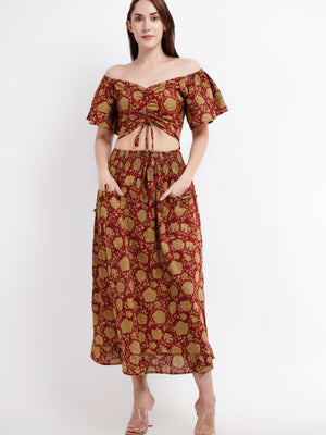 Women's Rust Floral Co-ord Set with Long Skirt