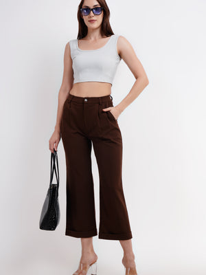 Women's Brown Double Pleated Straight Fit Trouser