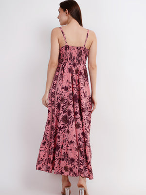Women's Pink Floral Printed Long Dress