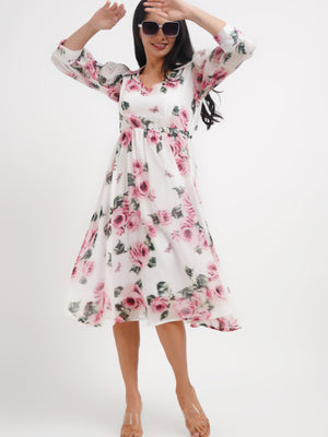 Women's White Floral Georgette Dress