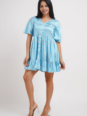 Light Blue Checked Printed Satin Dress