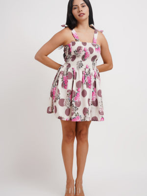 White Floral Printed Short Dress