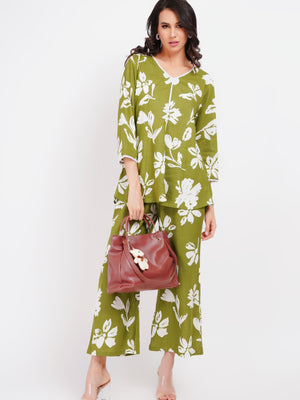 Women's Olive Floral Printed Co-Ord Set