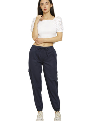 Navy Blue Solid Cargo Joggers